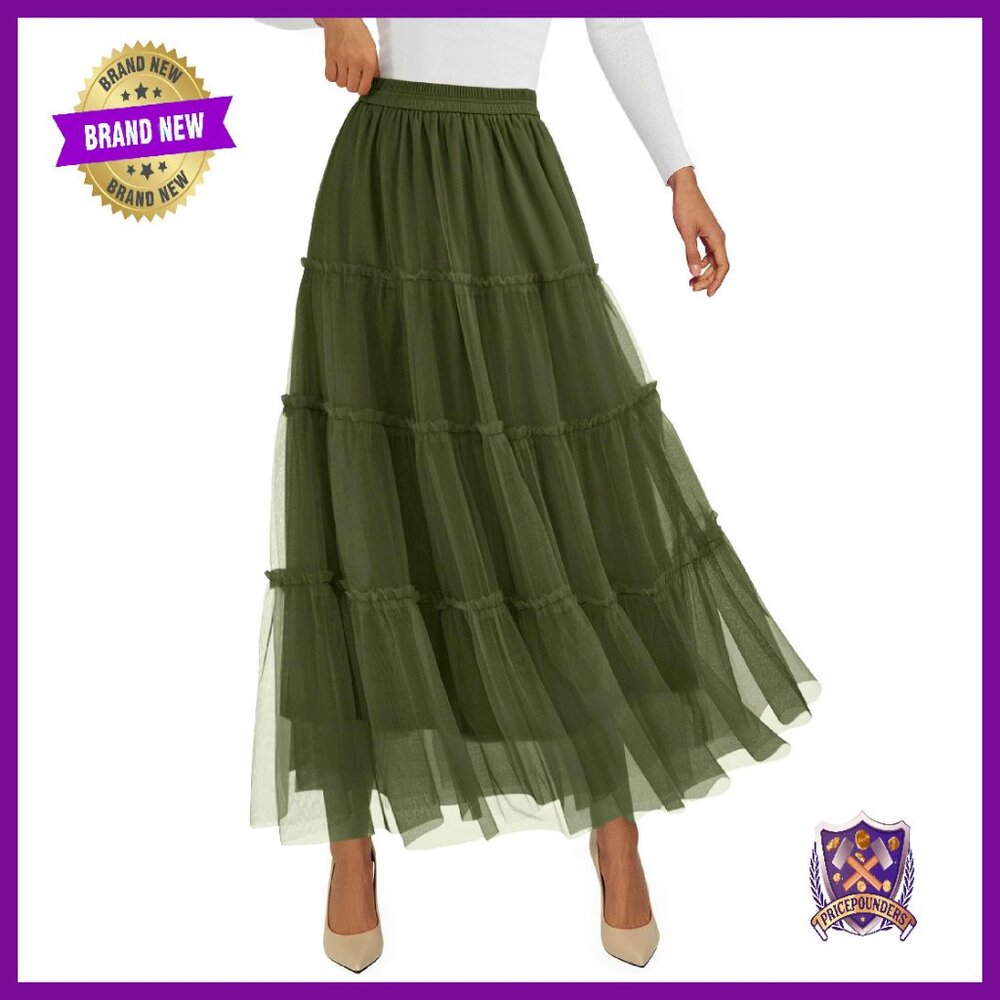 Tulle Maxi Skirt Elastic Waist Tiered Flowy A-Line Spring Casual